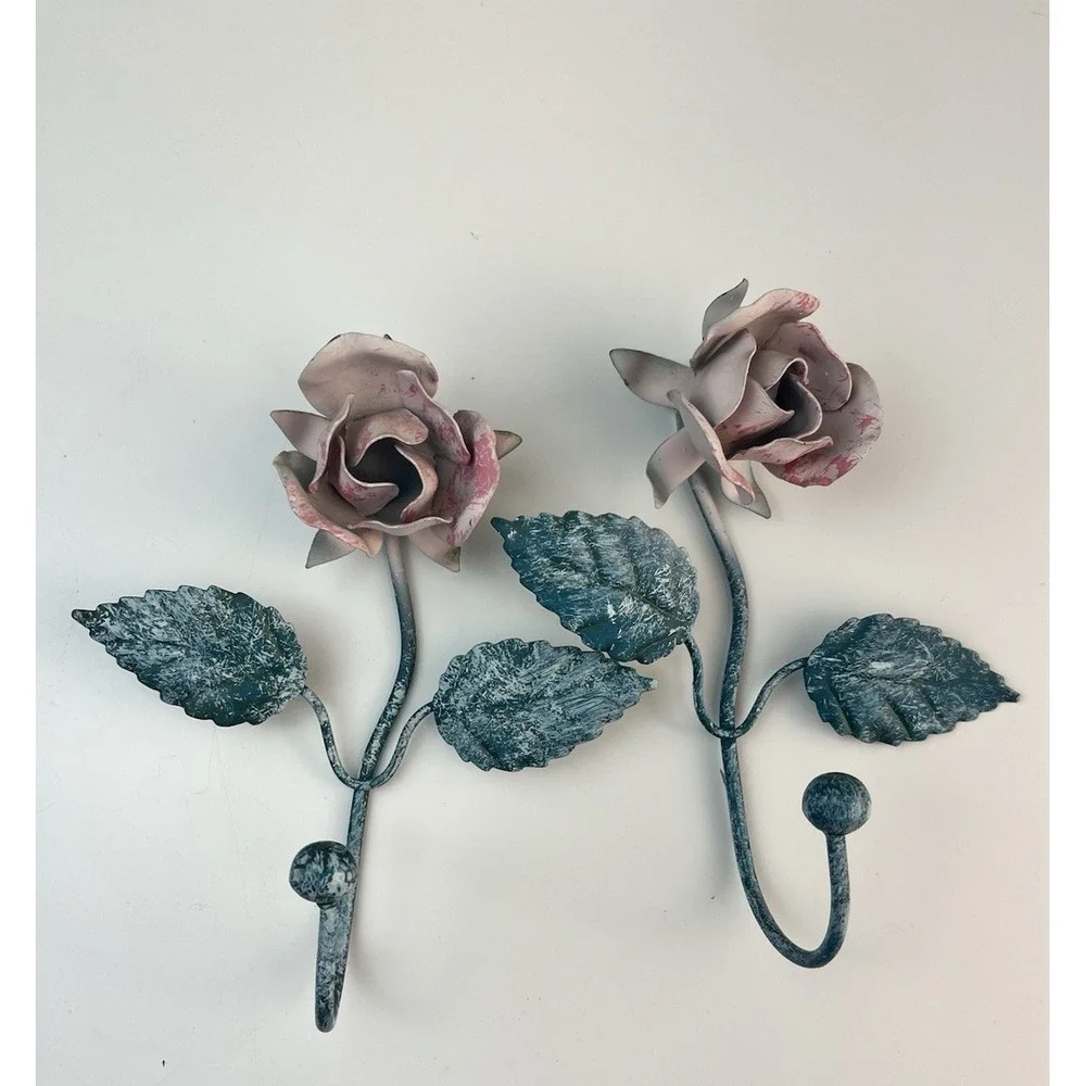 Vintage Italian Tole Rose Pink Wall Hook SET OF 2 Metal Shabby Chic Cottagecore